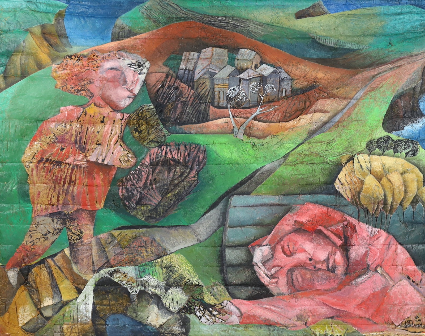 Philippa Clayden (1955-) , Figures in a landscape, oil and mixed media on fabric and card, 171 x 214cm